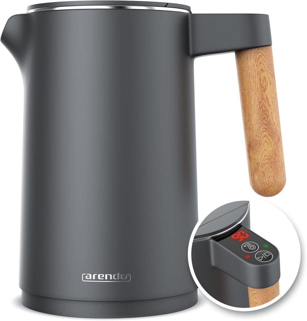 Edelstahl Wasserkocher mit Temperatureinstellung 45–100°C, 1,5 L, Doppelwand, BPA-frei, Warmhaltefunktion, LED-Anzeige, Cool-Touch-Griff, 2200 W...