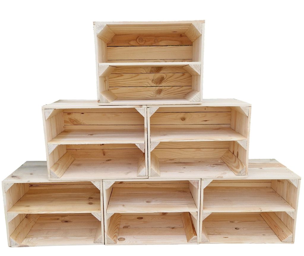 6er Vintage Holzkisten mit Regalbrett - 40x30x24 cm - Vintage Deko and Aufbewahrung