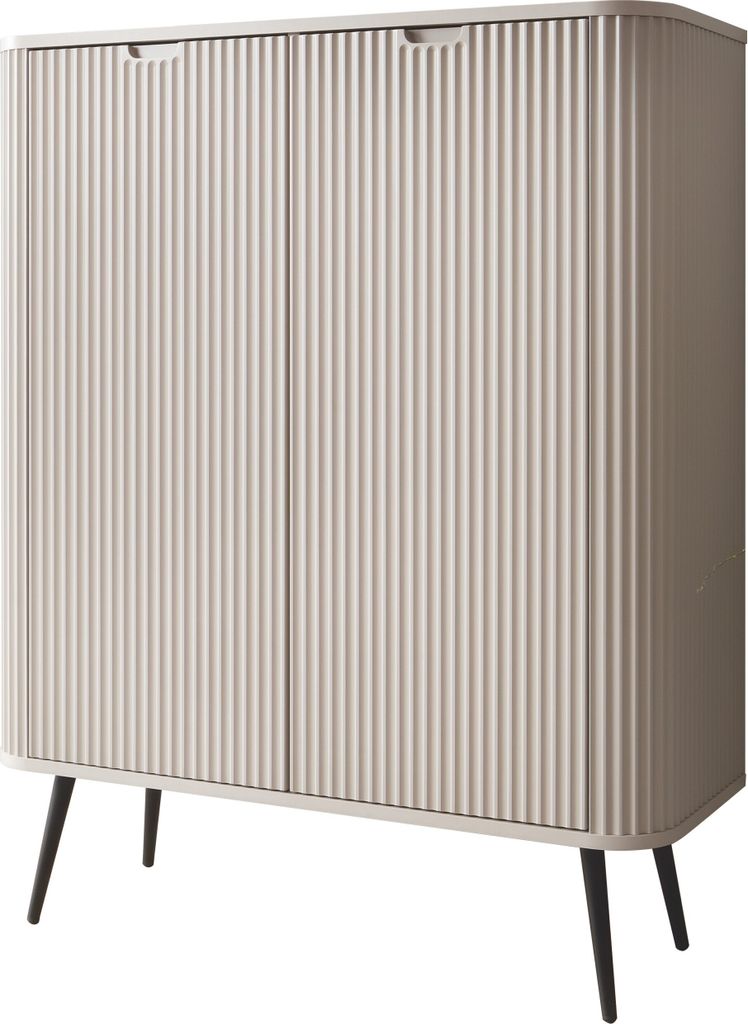 BETTSO Zweitürige Hohe Kommode geriffelte Fronten auf Schwarzen Beinen ZOVA 103 cm Cashmere Beige