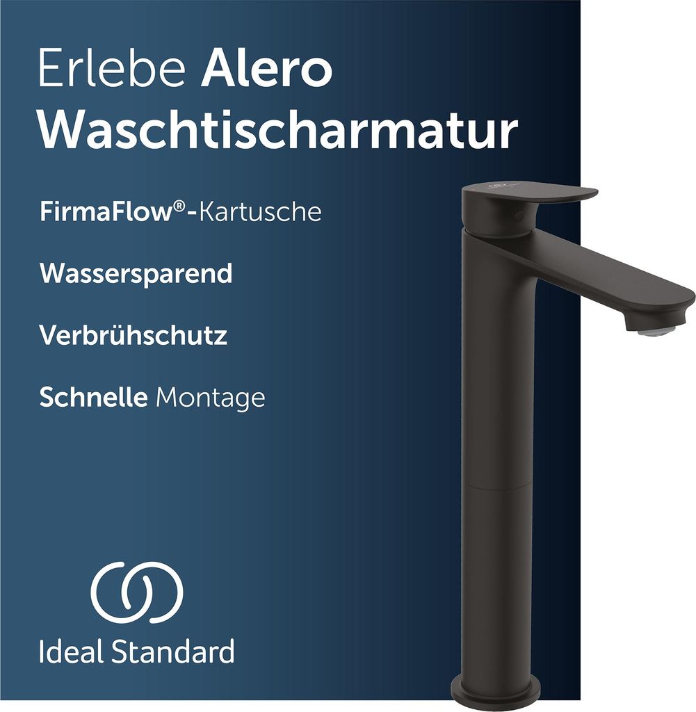 Ideal Standard Alero Waschtischarmatur, mit Ablauf, wassersparend – Schwarz Matt