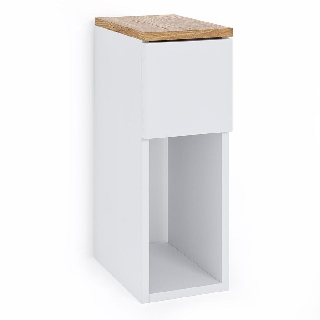 Nachttisch Beistelltisch Weiß mit Eiche Torro Schmal 20x30x55 cm mit Schublade und Regalboden