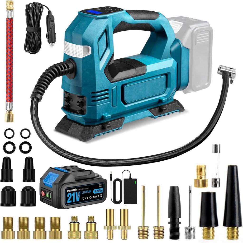 Akku-Kompressor mit 4000mAh Akku und Ladegerät, Elektrische Luftpumpe mit LED-Leuchte, Digitalem Manometer für Autos, Motorräder, Fahrräder, B...