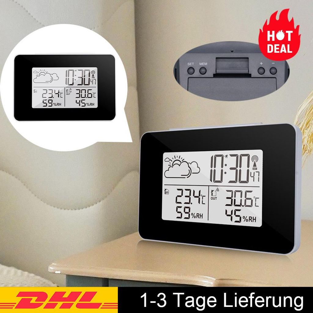 Wetterstation Funk mit Außensensor, uhr mit temperaturanzeige