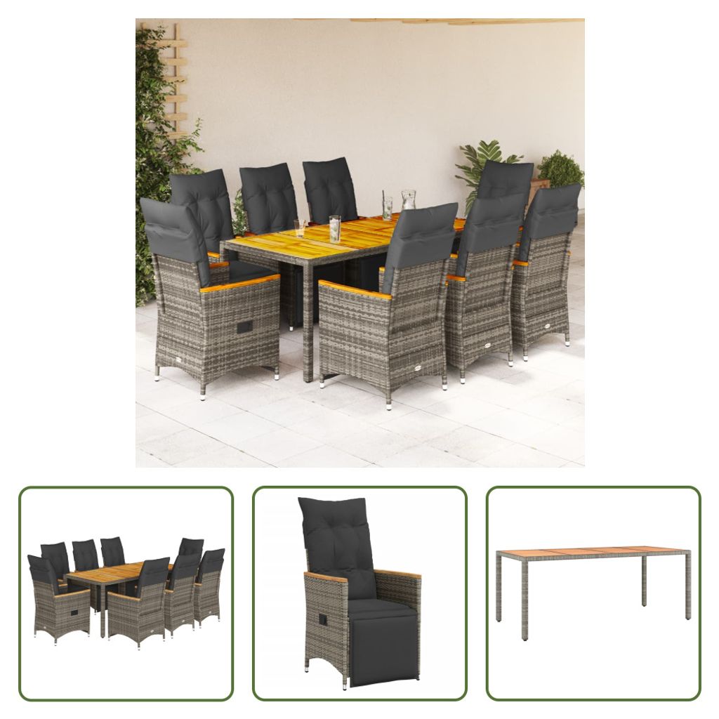The Living Store 9-tlg. Garten-Bistro-Set mit Kissen Grau Poly Rattan
