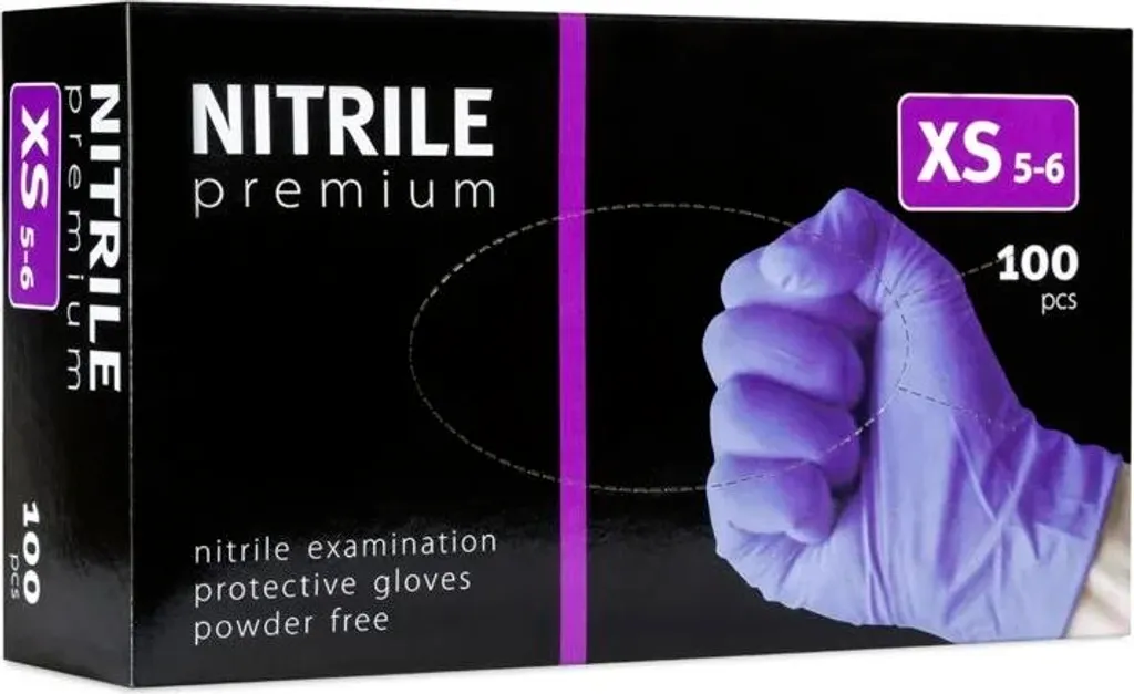 Gants en nitrile PREMIUM violets sans poudre taille XS - Boîte de 100
