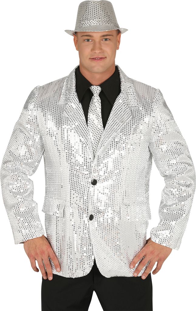 Pailletten Disco Jackett 70s Style Weihnachten Neujahr Schimmernd Silber Glanz Glamour Party Retro Festival Kostüm Mode Outfit Stil, Größe: 52 -...