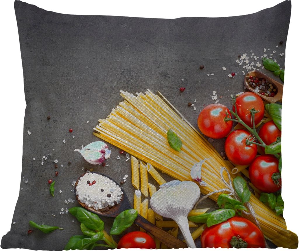 MuchoWow Outdoor Kissen - Nudeln - Kräuter - Tomate - Gewürze - Rustikal - 45x45 cm - Wetterfest - Lounge Kissen - Fotokissen - Dekoratives Kissen