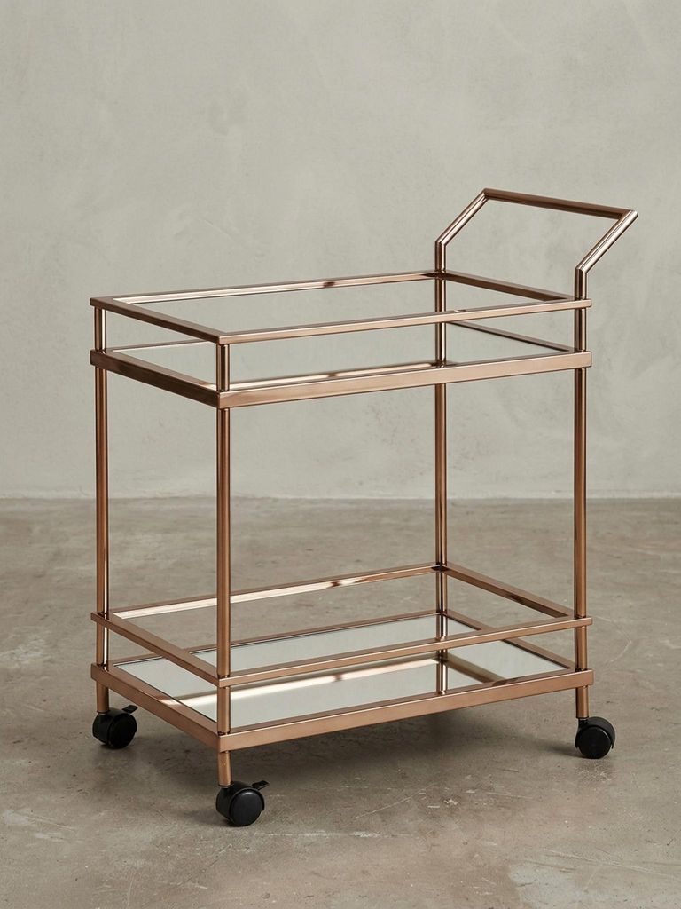 Design Servierwagen Dunkles Gold 2 Ebenen mit Bremsen, Beistelltisch auf Rollen, Speisewagen mit Glasplatte, Küchenwagen, Teewagen
