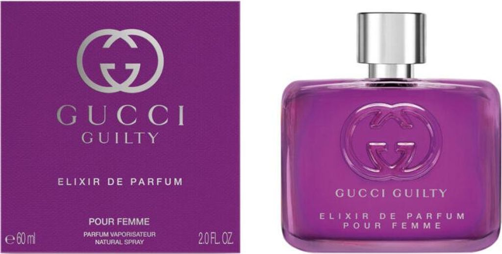 A product shot of Gucci Guilty Pour Femme Elixir de Parfum, with its packaging to the left.