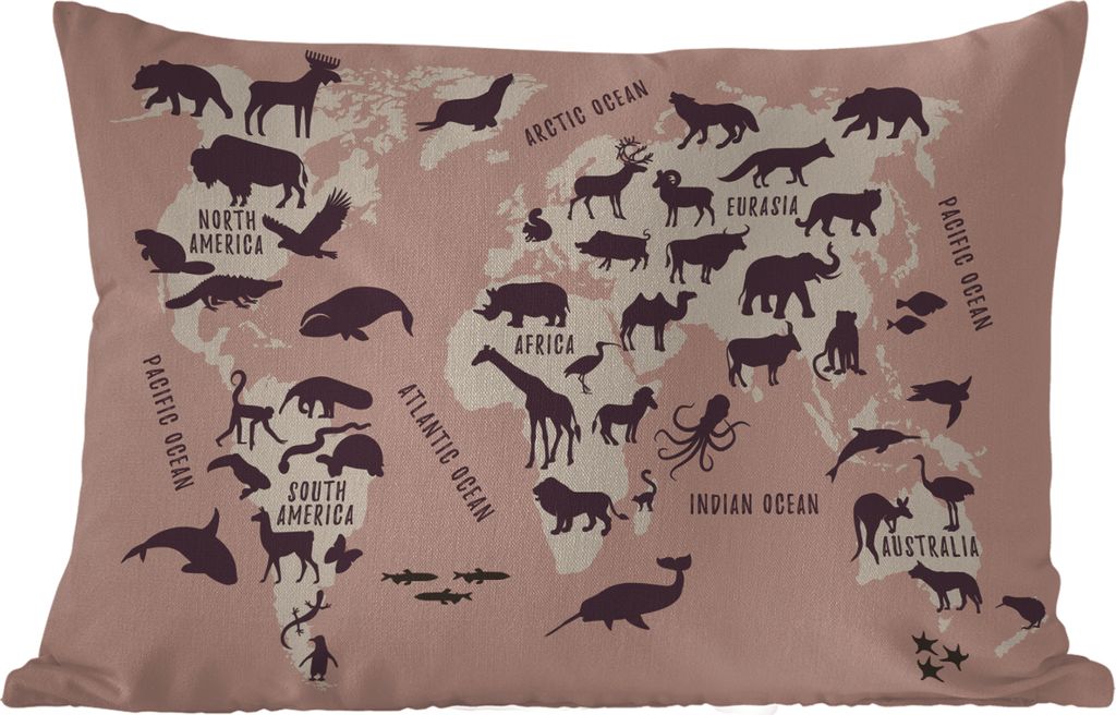 MuchoWow Outdoor Kissen - Weltkarte - Rosa - Tiere - 60x40 cm - Wetterfest - Lounge Kissen - Zierkissen - Kissen für Innenräume