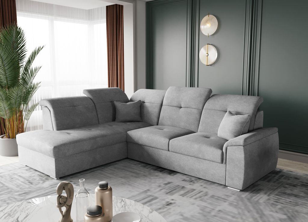 Kaiser Möbel Ecksofa mit schlaffunktion und bettkasten, Schlafsofa, Sofa L Form, Couch L Form BARON stoff Brooklyn Grau Links