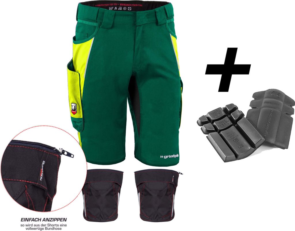 Qualitex kurze Arbeitshose - HANDWERKER-BUNDLE IRON Shorts + Kniepolstertasche inklusiv Kniepolster - in Farbe: grün/warngelb - Herren: 64 - Damen...