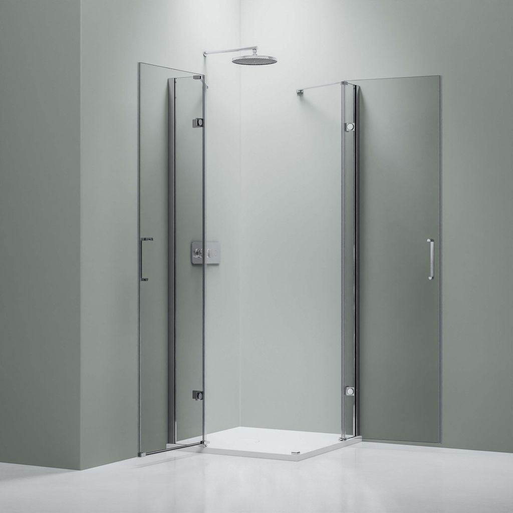 Eckdusche mit zwei Drehtüren an Festfeld NT407 - 8 mm - Nano Klarglas - Breite wählbar, Breite Tür mit Anschlag RECHTS:120 cm, Breite Tür mit A...
