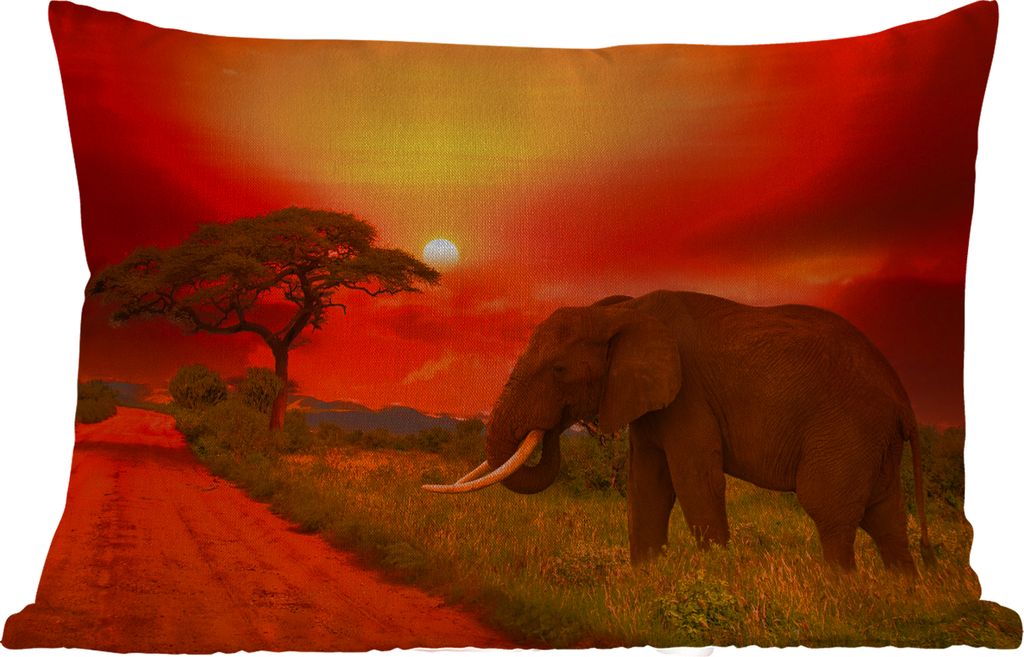 MuchoWow Outdoor Kissen - Elefant - Sonnenuntergang - Orange - Savanne - Tiere - 50x30 cm - Wetterfest - Lounge Kissen - Sofa kissen - Wohnzimmer...