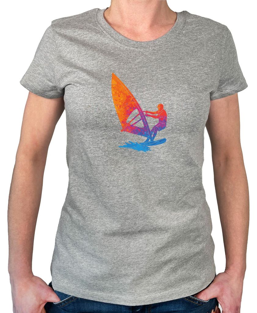 Huuraa Damen T-Shirt Windsurfen bunte Silhouette L Sport Grey Bio Baumwolle Fairtrade Damenshirt Geschenkidee
