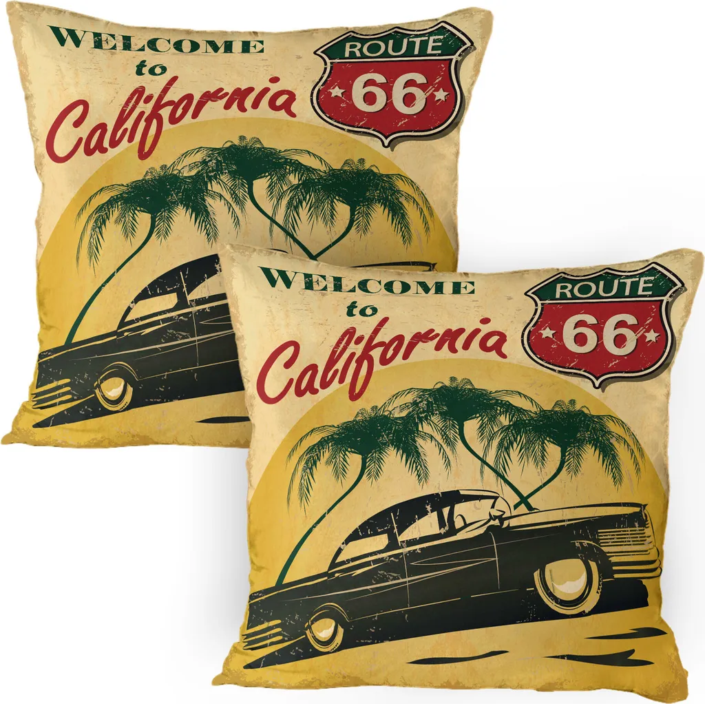 ABAKUHAUS Federa per cuscino retrò confezione da 2, Retro Welcome To California Pubblicità di Hollywood in stile Pop Art Stampa, Federa per cuscino decorativa stampata, 80x80 cm, Verde smeraldo Rosso