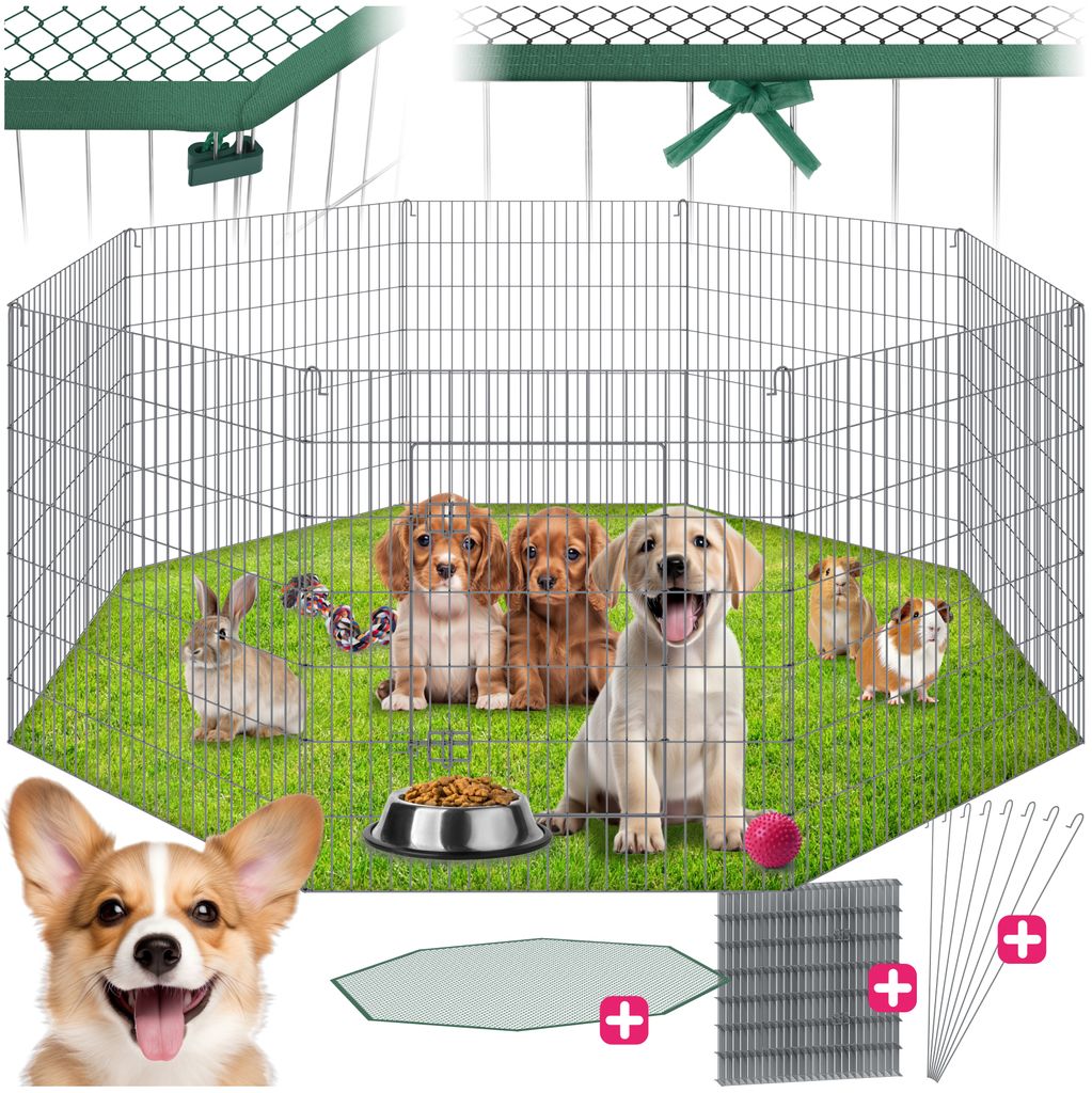 A collage of images showing a wire dog playpen with various small animals inside, along with accessories and a close-up of a dog.