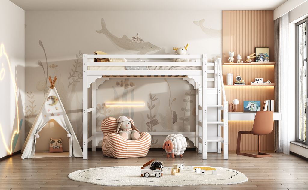 140x200cm Hochbett Weiß mit Stufentreppe, Kleiderschrank & Produktbild 9