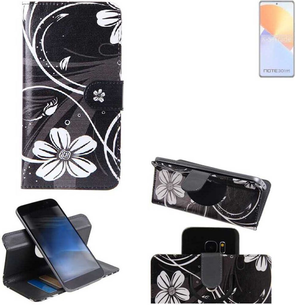 K-S-Trade Schutzhülle Handyhülle kompatibel mit Infinix Note 30 VIP Hülle 360° Wallet Case “Flowers“ Klapphülle Hülle schwarz-weiß 1x