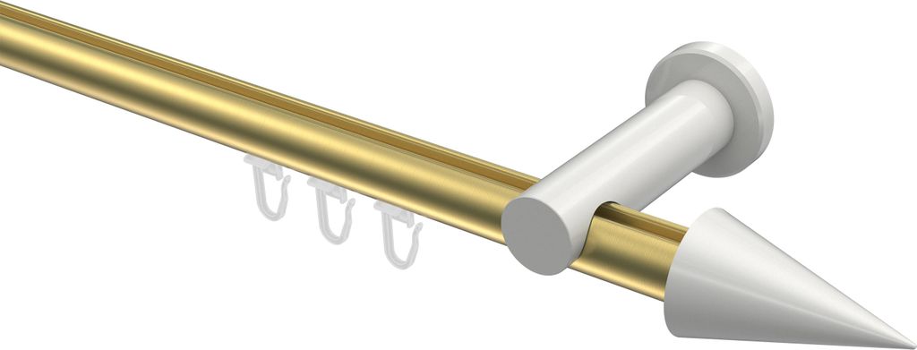 Interdeco Innenlaufstange / Gardinenstange mit Innenlauf Messing-Optik / Weiß, Typ Platon Savio (Kegel), 20 mm Ø 1-läufig, 200 cm