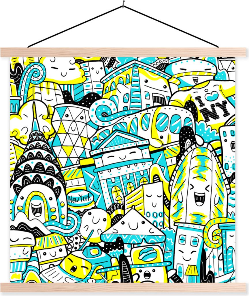 MuchoWow Textilposter New York - Zeichnung - Blau 40x40 cm mit holzfarbenen Rahmen - Posterleiste