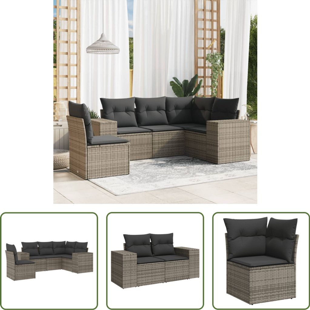 The Living Store 5-tlg. Garten-Sofagarnitur mit Kissen Grau Poly Rattan