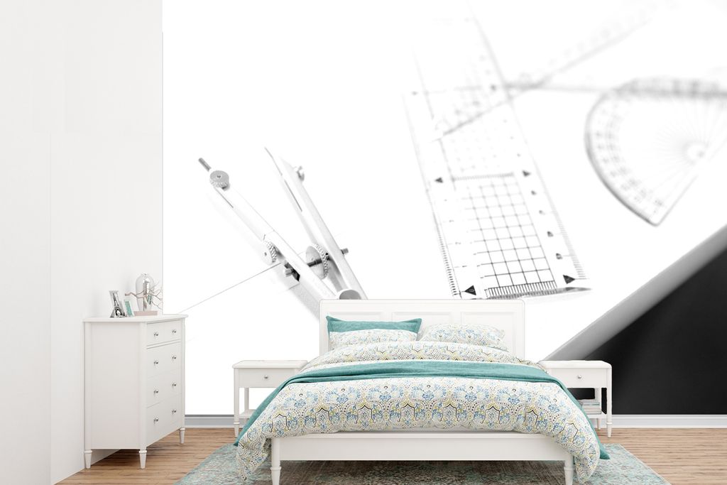 MuchoWow Fototapete für Wohnzimmer oder Schlafzimmer Wandtapete Vinyl Motivtapete Kompass mit Lineal und Geodäsie - schwarz und weiß - 415x300...