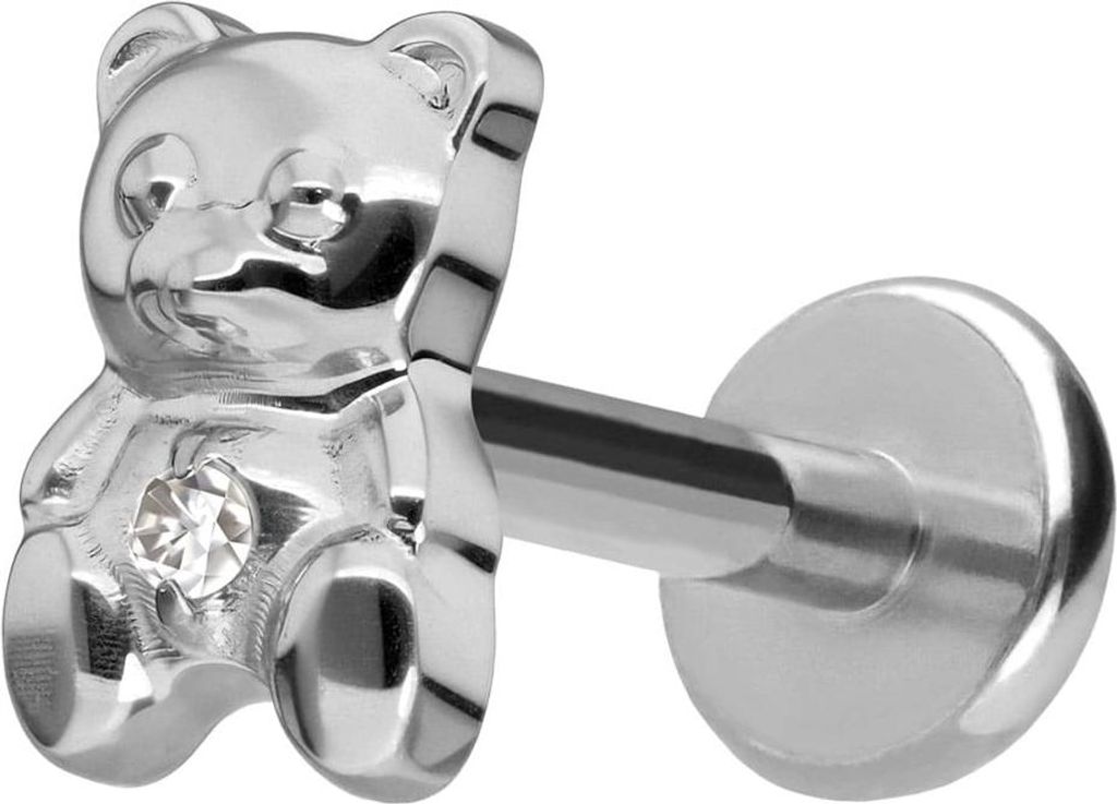 Ohrpiercing, Nasenpiercing Titan Labret mit Push Fit TEDDYBÄR Silber Stablänge: 9mm | Stabstärke: 1,2mm