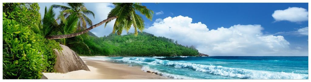 Wallario Küchenrückwand Hartschaumplatte, Größe 200 x 50 cm, Motiv: Urlaub auf den Seychellen unter Palmen am Sandstrand