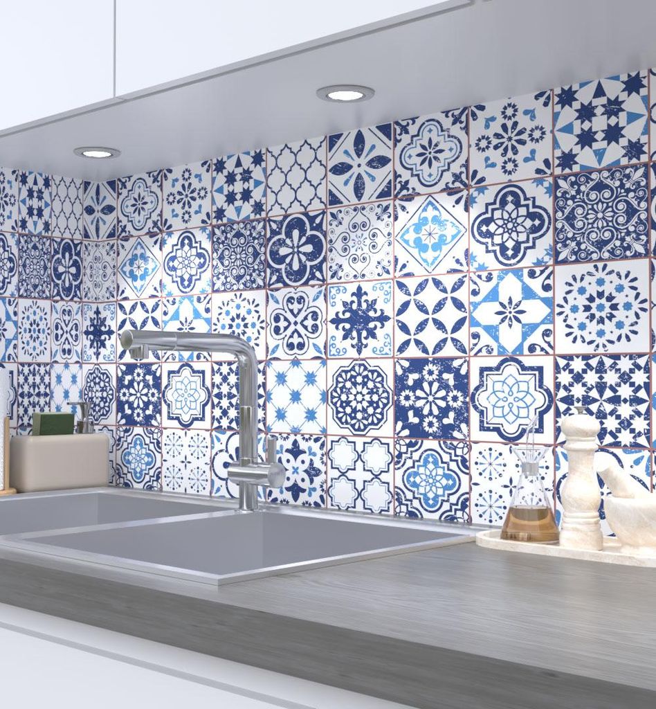 Küchenrückwand selbstklebend Retro blaue Fliesen Spritzschutz Folie 120 x 60cm