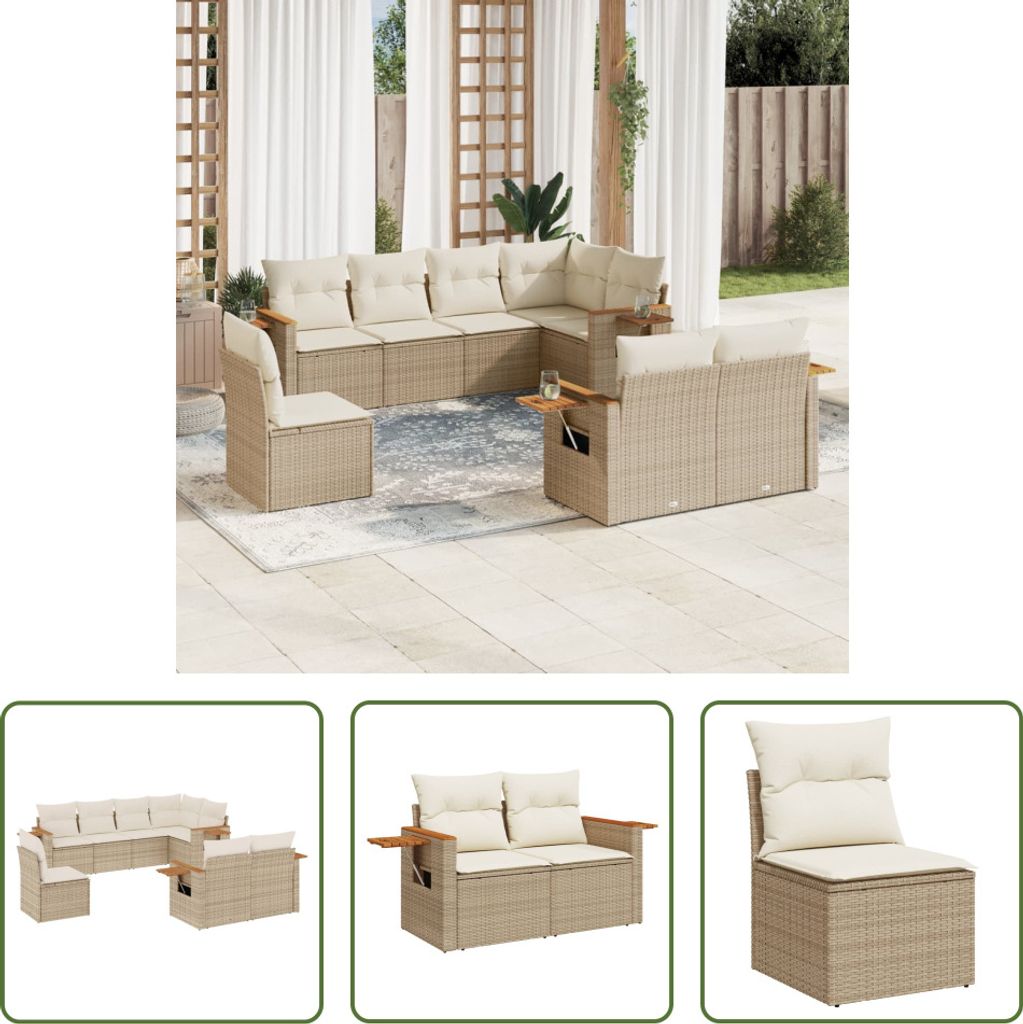 The Living Store 8-tlg. Garten-Sofagarnitur mit Kissen Beige Poly Rattan