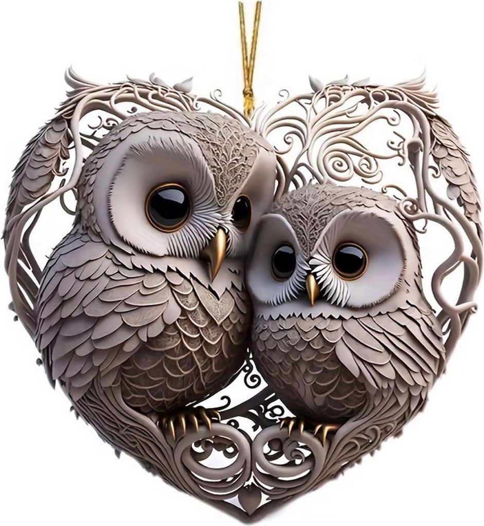 Eulen-Ornament, Liebes-Herzform, Eulenpaar, hängende Dekoration, 2D-Acryl, Weihnachtsbaum-Ornament für Valentinstag, Heimdekoration
