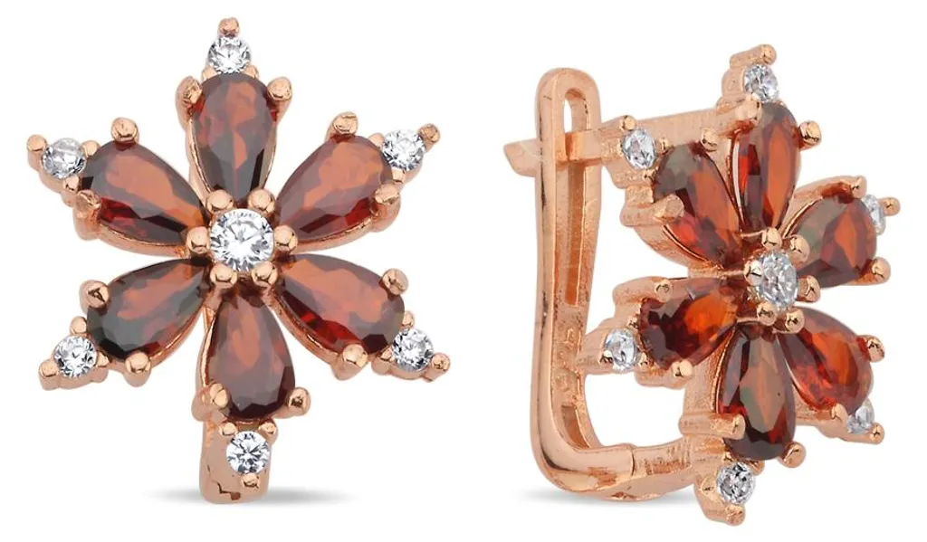 Boucles fleurs argent 925 hypoallergéniques zircons rouges anti-ternissement