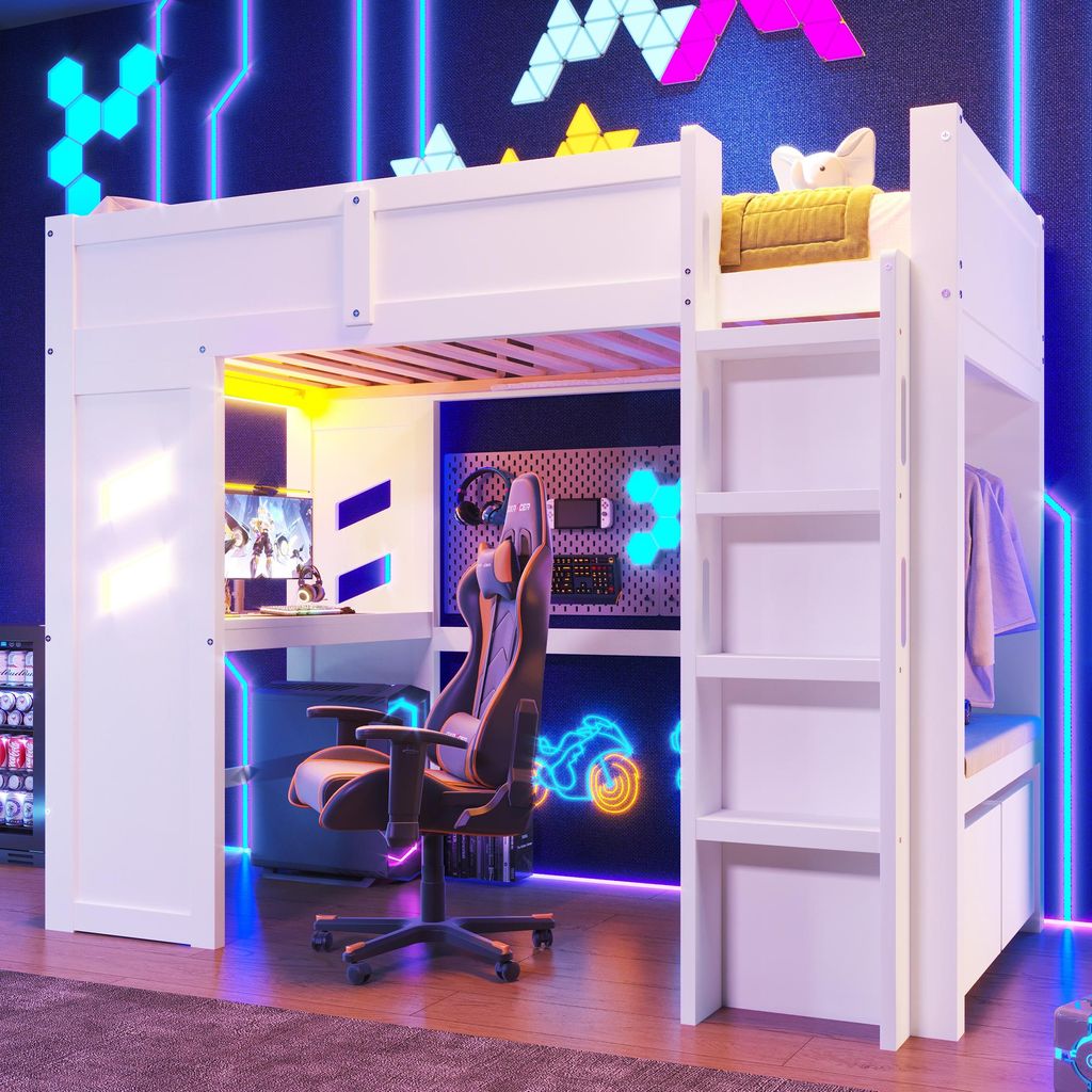 MODFU Hochbett mit matratze 90x200 Bettgestell Jugendbett mit Schreibtisch und USB,Einzelbett mit LED-Leuchten und Schublade,Weiß