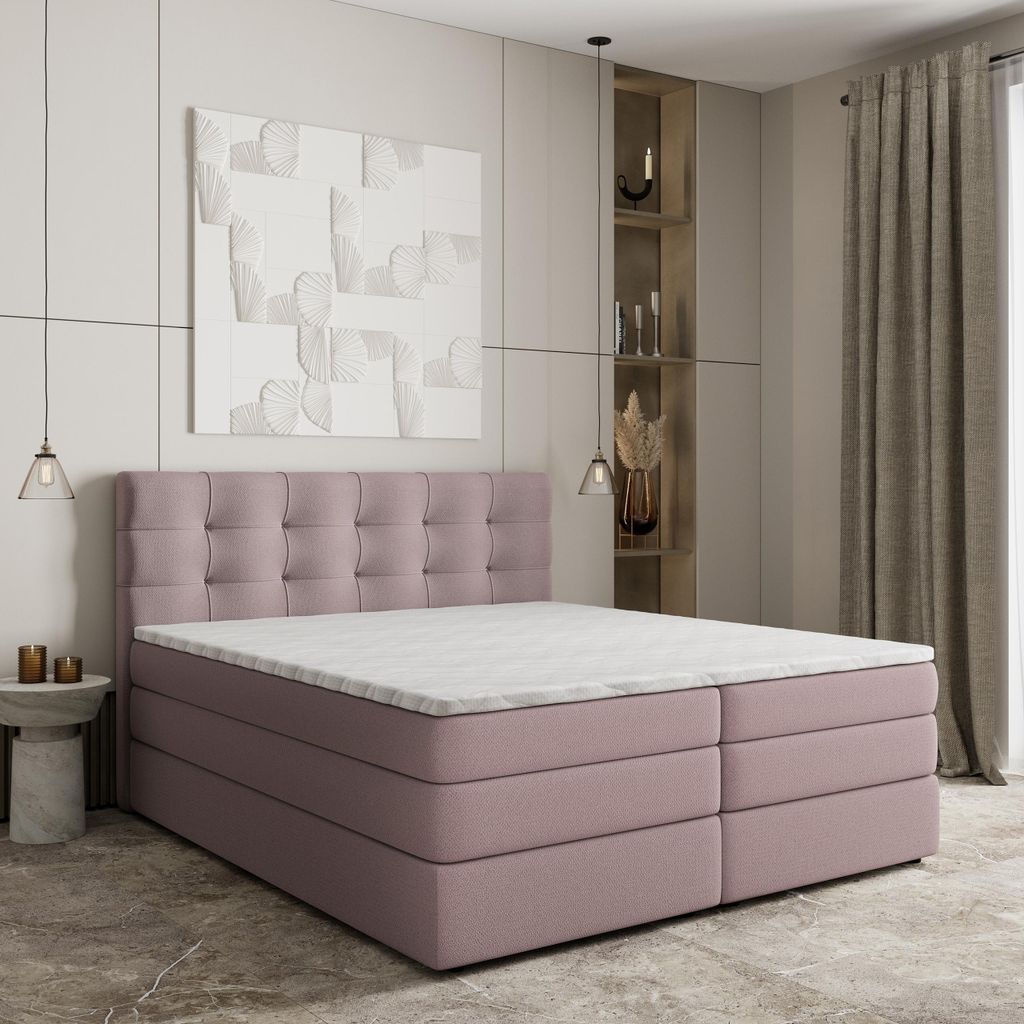 Masseno Boxspringbett AREZI 140x200 cm Komplett-Set mit Bonell Matratze und Topper, Polsterbett mit Bettkästen -Rosa, SORO 61