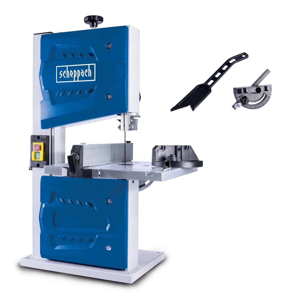 A Scheppach bandsaw is shown against a white background, with some accessories to the right.