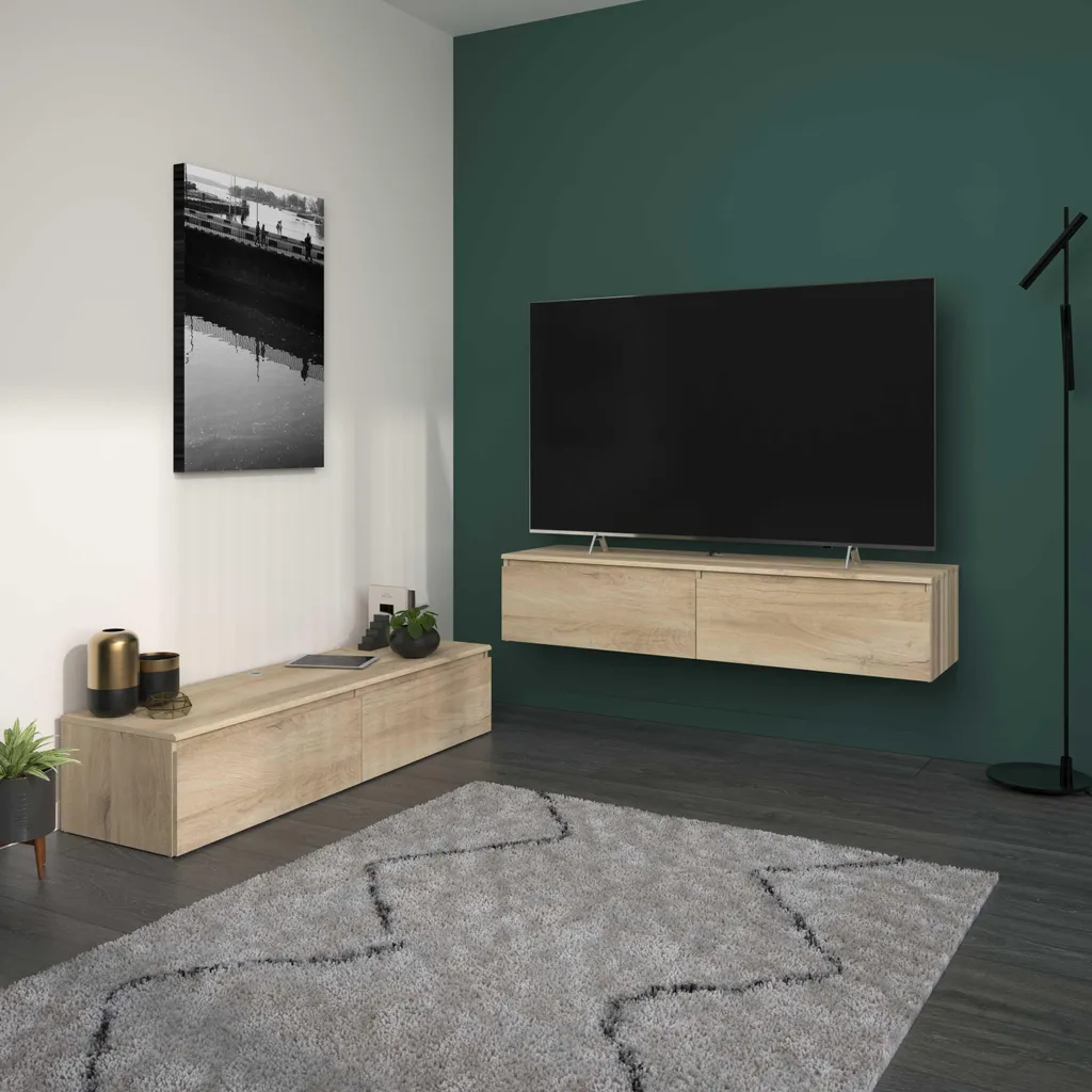 Meuble TV 138cm 2 tiroirs aspect bois chêne LEVIATHAN Parisot robuste