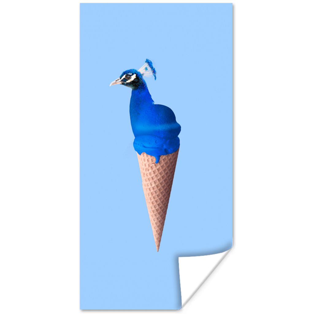 MuchoWow Poster Pfau - Eistüten - Eiscreme - Blau - Vogel 40x80 cm - Dekoration