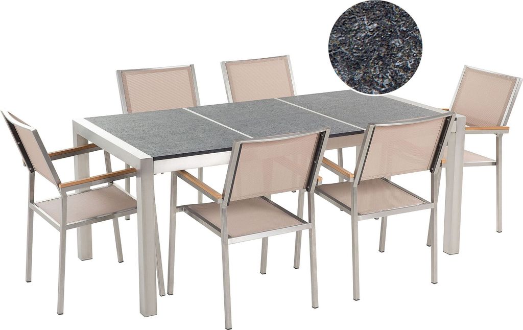 BELIANI Gartenmöbel Set Schwarz Beige Granit Edelstahl Tisch 180 cm Geflammt 6 Stühle Terrasse Outdoor Modern