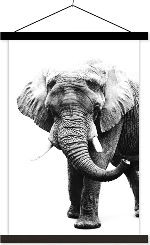 MuchoWow Textilposter Elefant vor weißem Hintergrund - schwarz und weiß 120x180 cm mit schwarzem Rahmen - Fotos