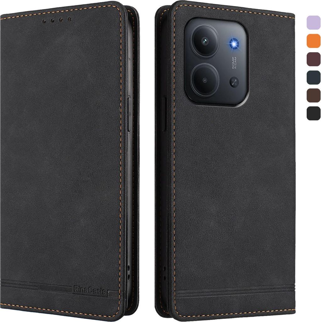 Hülle für Xiaomi Redmi 15C 5G/4G, Retro Kunstleder Ständer Klapphülle mit Kartenfächer und Magnetische Schwarz