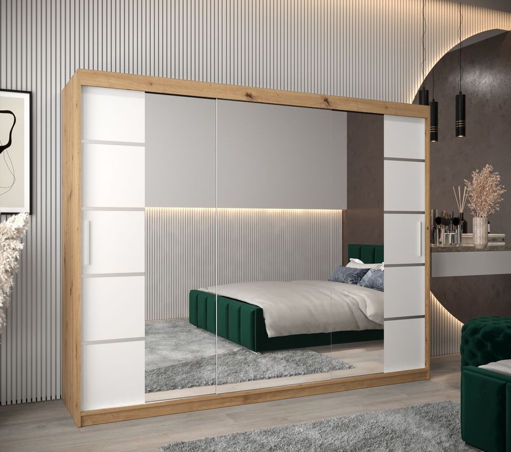 Schrank mit Spiegeln VIVIEN – Breite 250 cm, Eiche Artisan / Weiß