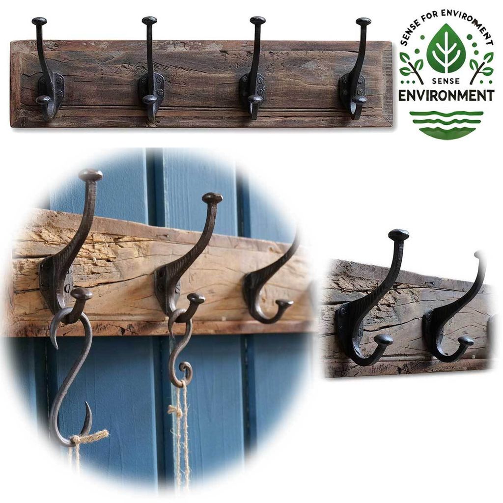 LS-LebenStil Vintage Wandgarderobe Dehli 50cm Teak Holz Braun 4/8 Haken Recycelt Kleiderhaken Flur Garderobe Garderobenpaneel Garderobenleiste