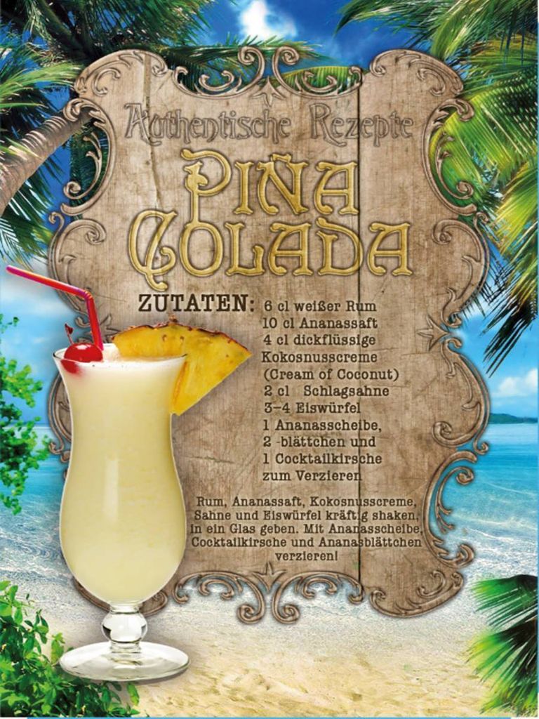 vianmo Holzschild 40x30 cm Rezept Pina Colada Zutaten Rum Ananas