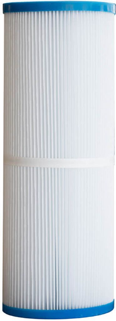 A white pleated pool filter cartridge with blue caps on the top and bottom.