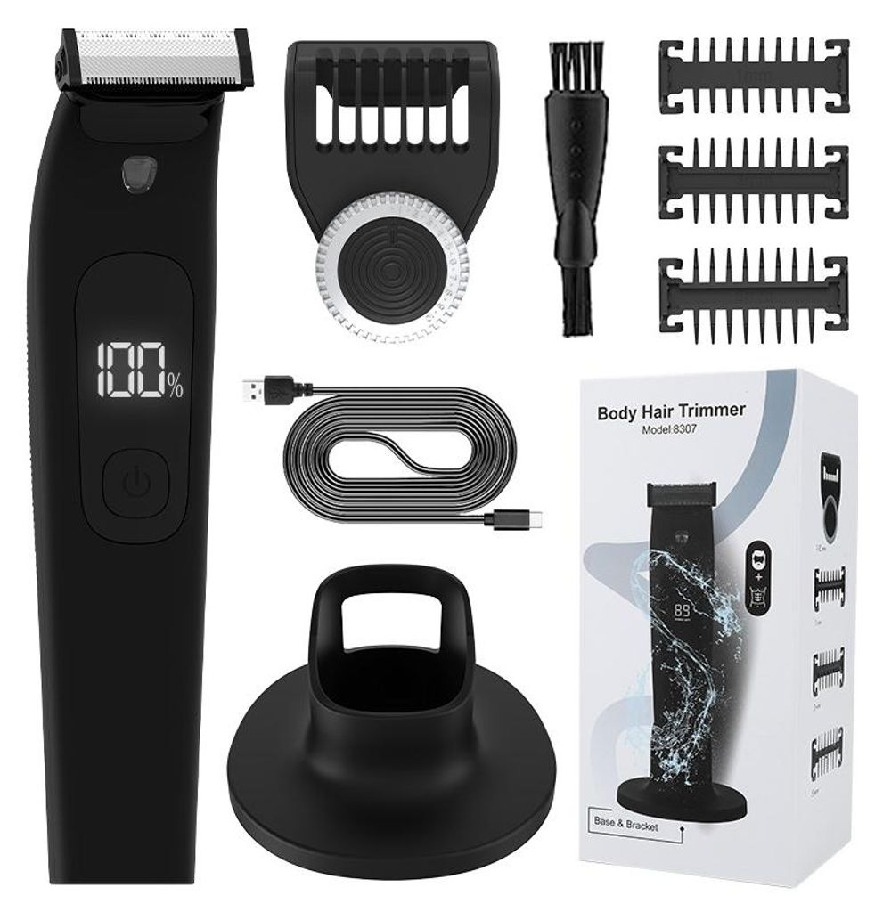 Body Hair Trimmer Männer wasserdicht IPX7, USB-C Rasierer mit LED, für Körper, Gesicht & Intimbereich, leise, mit 4 Aufsätzen