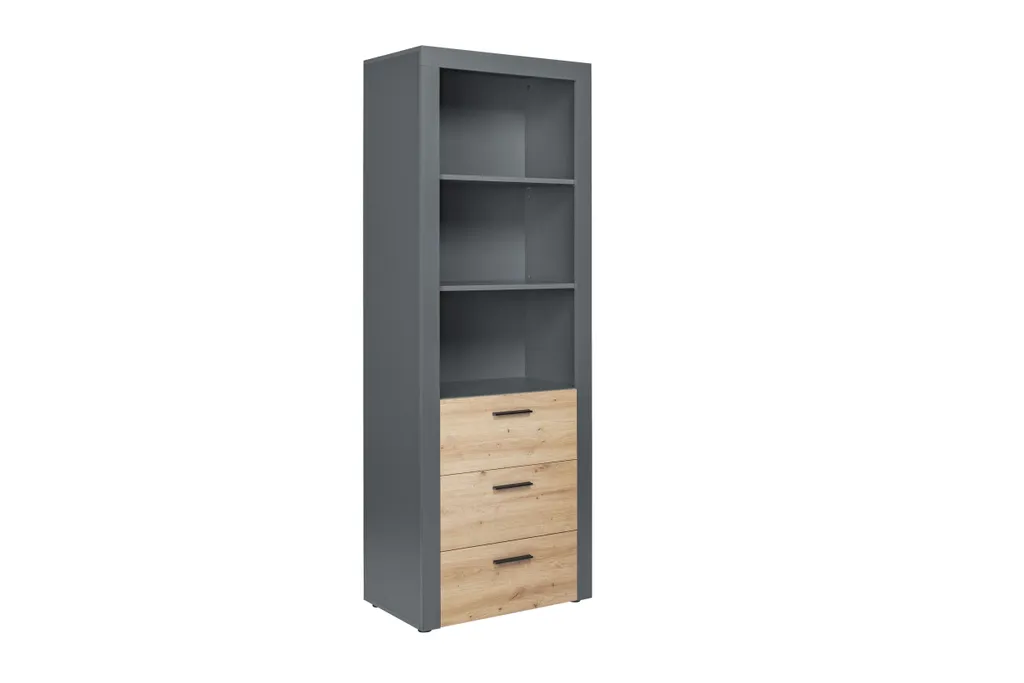 Étagère Corbeto 3 tiroirs et niches chêne artisanal et anthracite mat