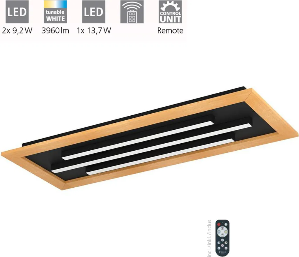 Grand Luminaire de Plafond Design LED Tirrenara Noir et Bois Dimmable