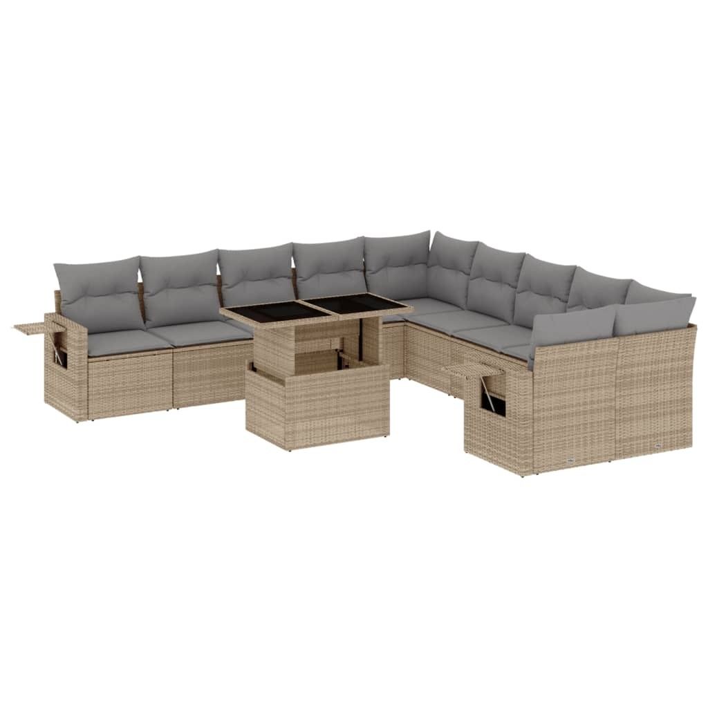 11-tlg. Garten-Sofagarnitur mit Kissen Beige Poly Rattan