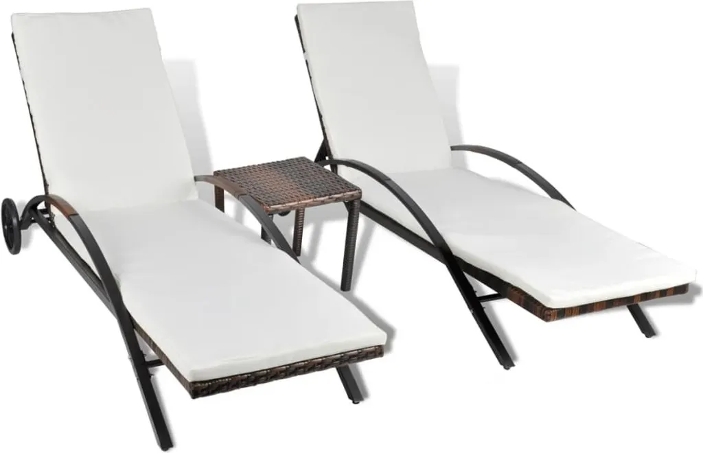 Transat de jardin en résine tressée marron avec petite table basse 2 pcs